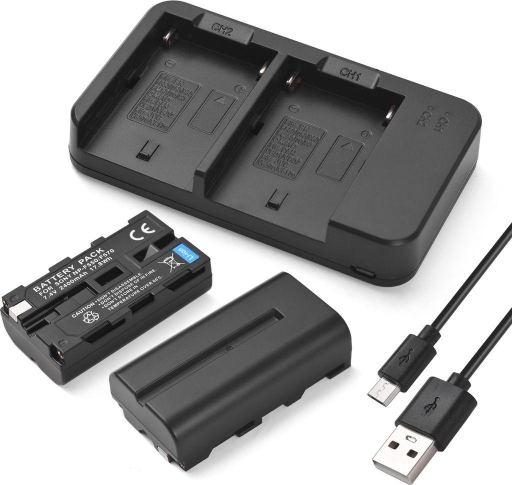 Kamera NP-F550/F570 Akku- und Ladegeraet-Set mit 2-Schlitz-Akkuladegeraet + 2 Stueck NP-F550/F570 Akkus 7,4 V 2400 mAh + USB-Ladekabel Ersatz fuer ...