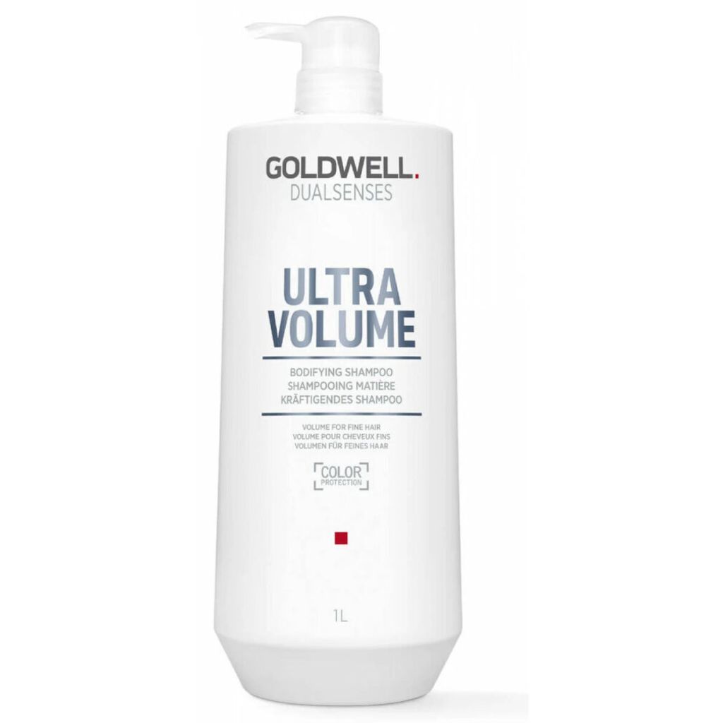 A white bottle of Goldwell Dualsenses Ultra Volume Bodifying Shampoo with a pump dispenser.