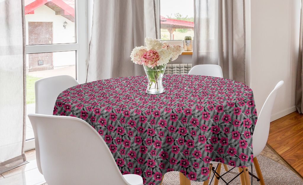 ABAKUHAUS Luau Runde Tischdecke, Rosa Hibiscus Modernes Blatt, Kreis Tischdecke Abdeckung für Esszimmer Küche Dekoration, 150 cm, Rosa Schwarzweiss