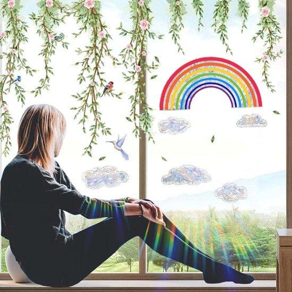 Glasraamstickers Vogel und Weinrebe, Doppelwandige Blumen, Selbstklebende Statische Klebefolie