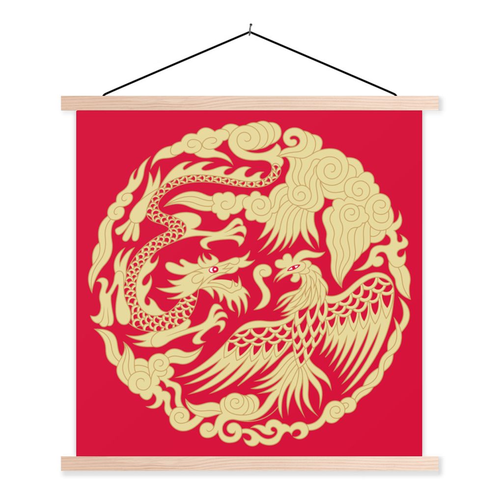 MuchoWow Textilposter Traditionelle chinesische Illustration eines Drachens und eines Phönixes 40x40 cm mit holzfarbenen Rahmen - Posterleiste