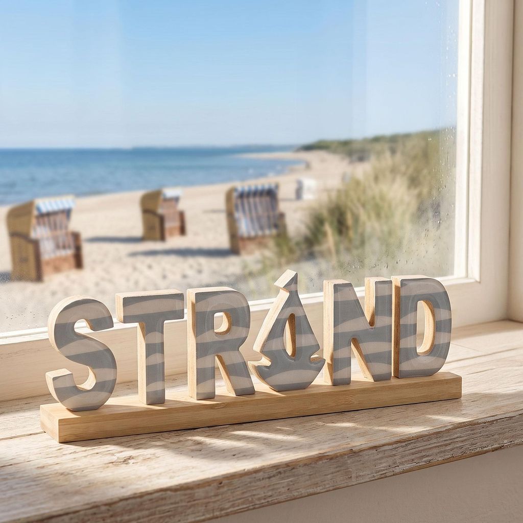 Strand Deko Aufsteller 30cm Schriftzug Grau Weiß Bambus Holz Maritime Wohndeko al Decor Strandthema Badezimmer