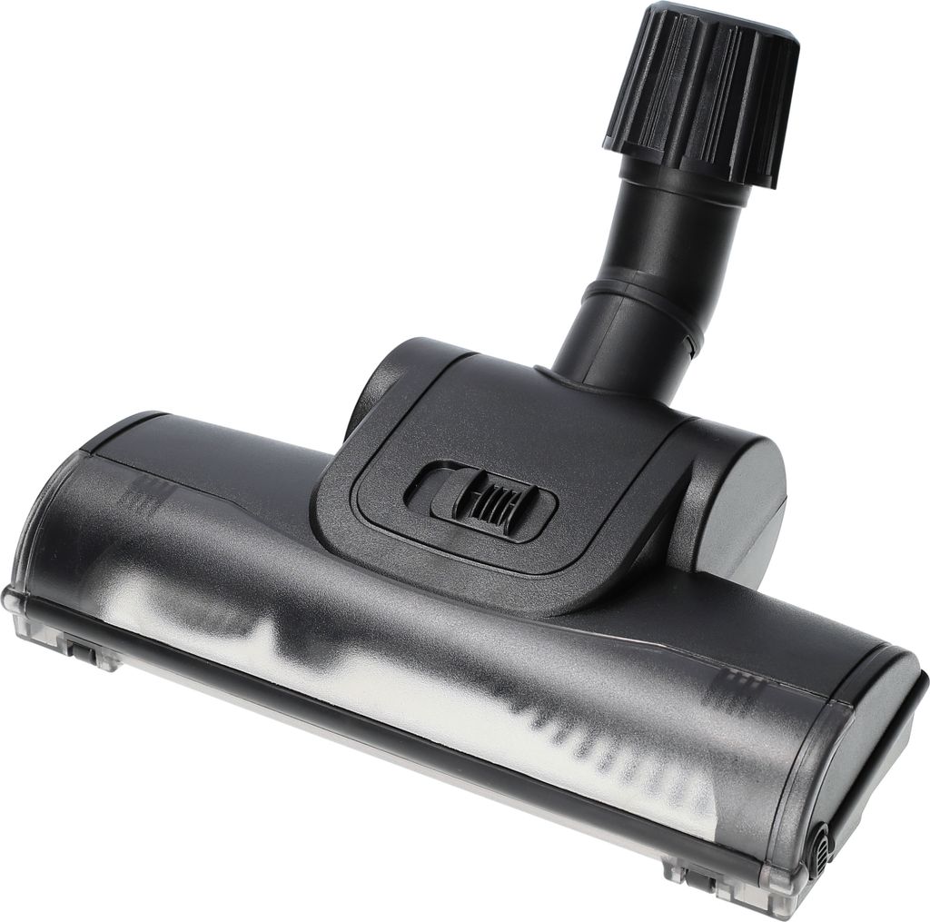 A close-up studio shot of a black vacuum cleaner attachment.