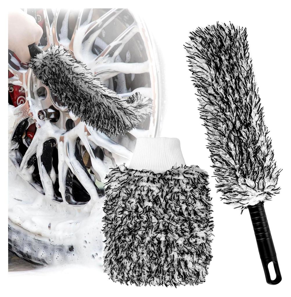 Felgenbürste für Autos, Biegbarer Mikrofaser Felgenreiniger mit Waschhandschuh, Set zur Autowäsche, Bürste für schonende Reinigung verschieden...