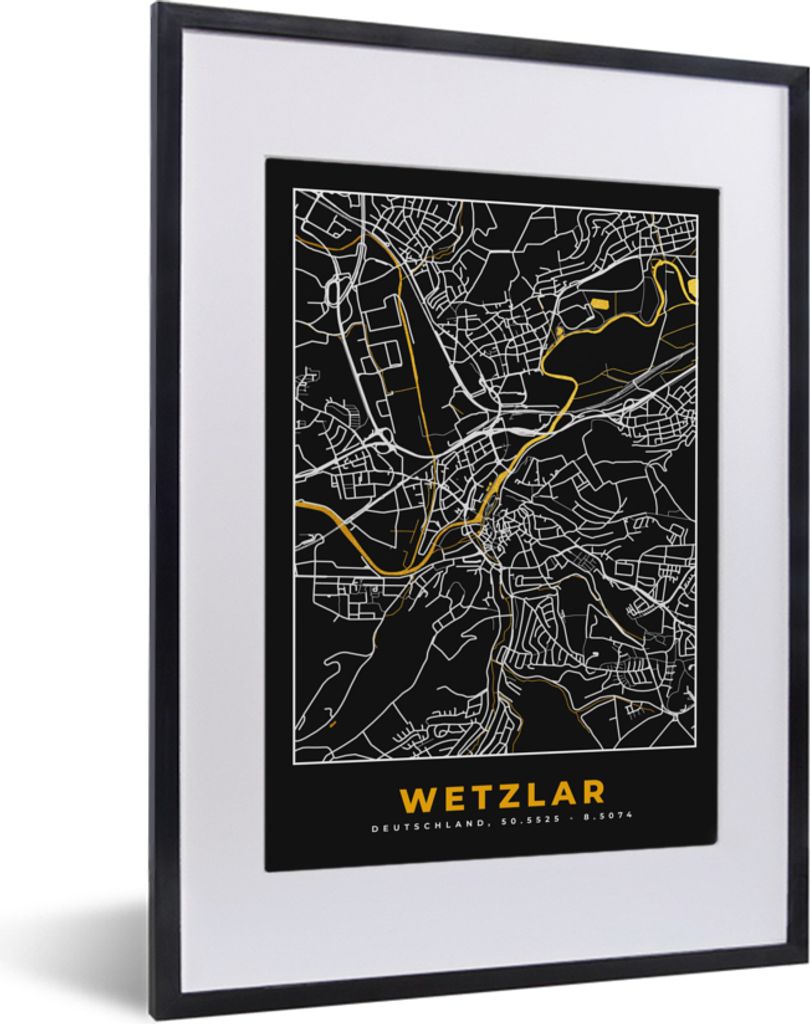 MuchoWow Gerahmtes Poster Wetzlar - Gold - Stadtplan - Deutschland - Schwarz und Gold - Karte 30x40 cm - Poster mit Schwarzem Bilderrahmen Wandpo...