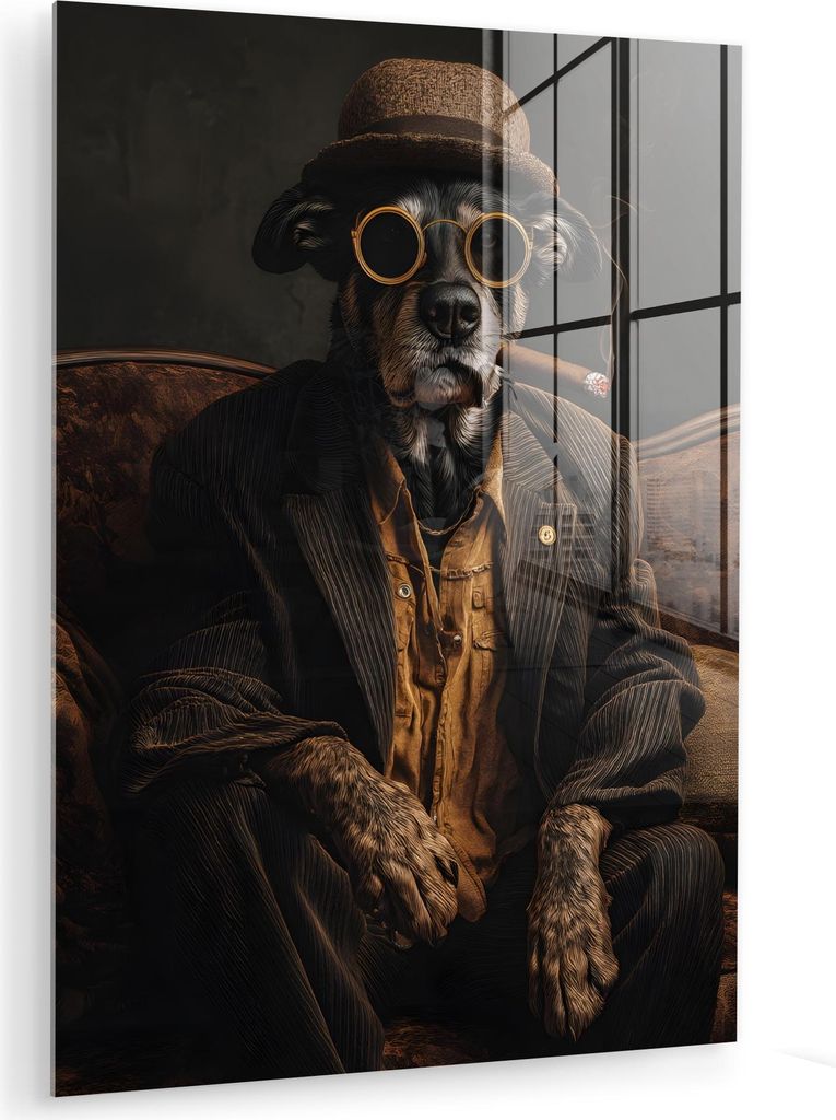 MuchoWow Glasbilder - Bilder auf Wandbild - Foto auf Glas Hund - Zigarre - Hut - Anzug 60x80 cm Wanddekoration aus Glas - Acrylglasbild - Acrylbild...