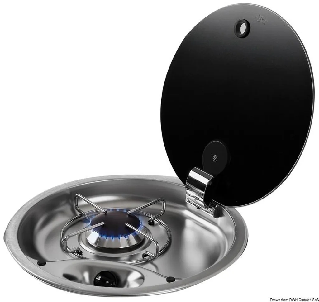 Plaque de cuisson 1 feu en acier inox avec couvercle en verre fumé 340mm