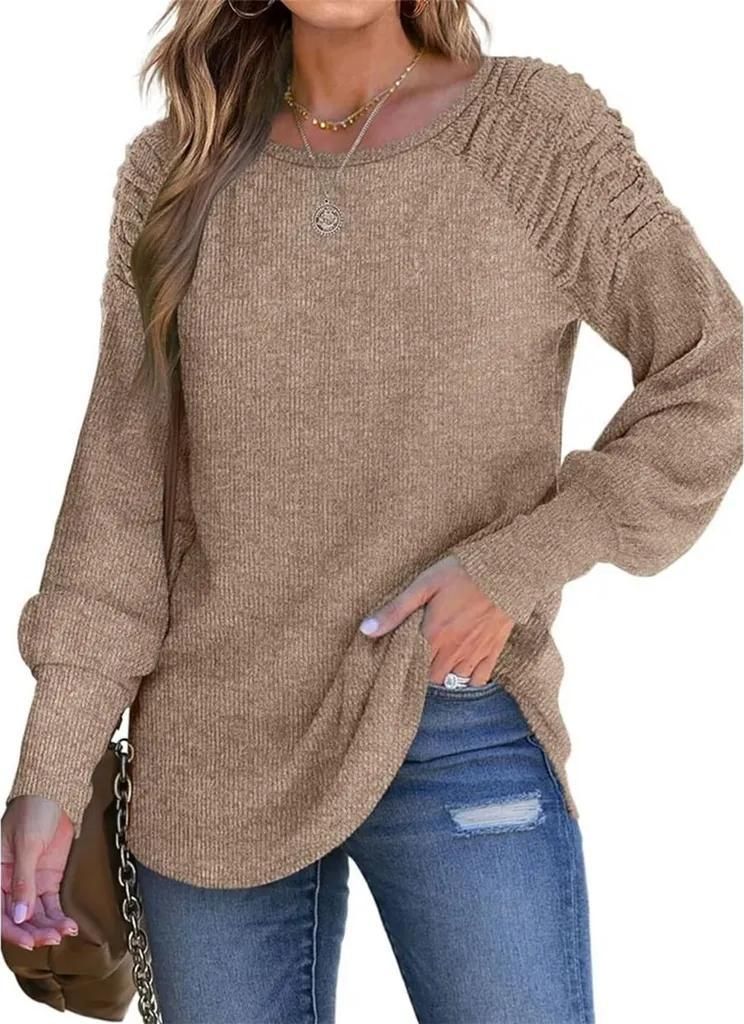 ASKSA Damen Langarmshirt Puffaermel Rundhals Leichte Rippstrick Casual Elegant Tunika Oberteile Tops, Khaki, L