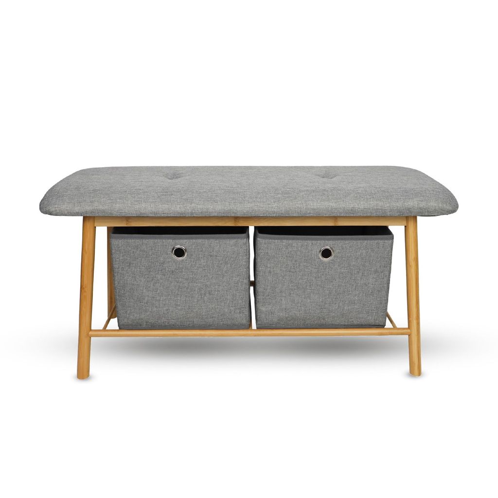Bambus Schuhbank 90x34x45cm mit 2 Schubladen - Schuhregal für 6 bis 8 Schuhe - Sitzbank mit 2 Körben für Garderobe oder Flur