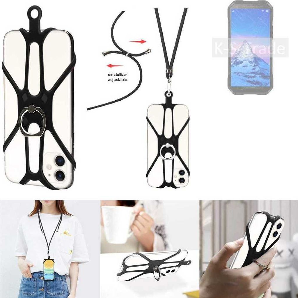 K-S-Trade 3in1 Handykette Handyband Handykordel Halsband Smartphone-Ring Handy-Ring kompatibel mit Doogee S61 Fingerhalterung Handyring Tischständer