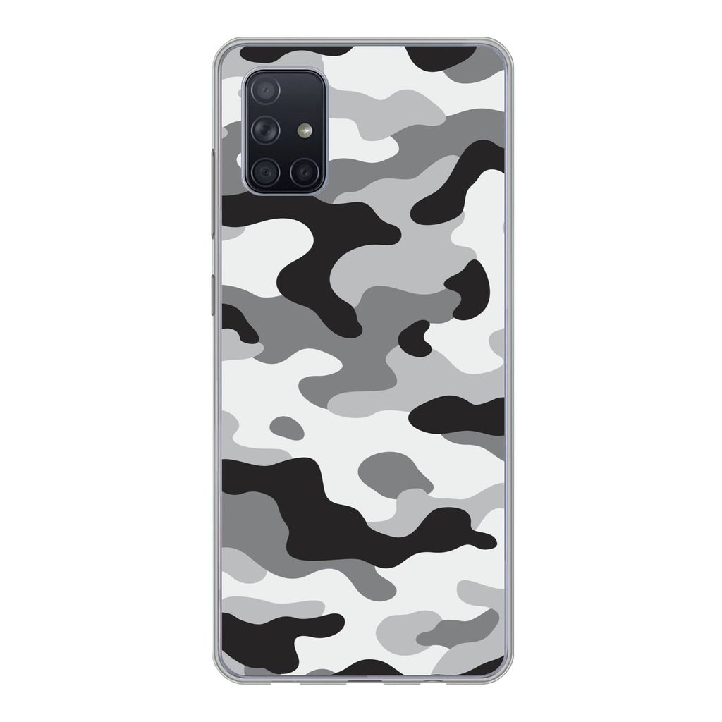 MuchoWow Handyhülle Schutzhülle Hülle für Samsung Galaxy A71 Schwarz-weißes Camouflage-Muster Silikon Softcase Handy Hülle - Kartenbesitzer