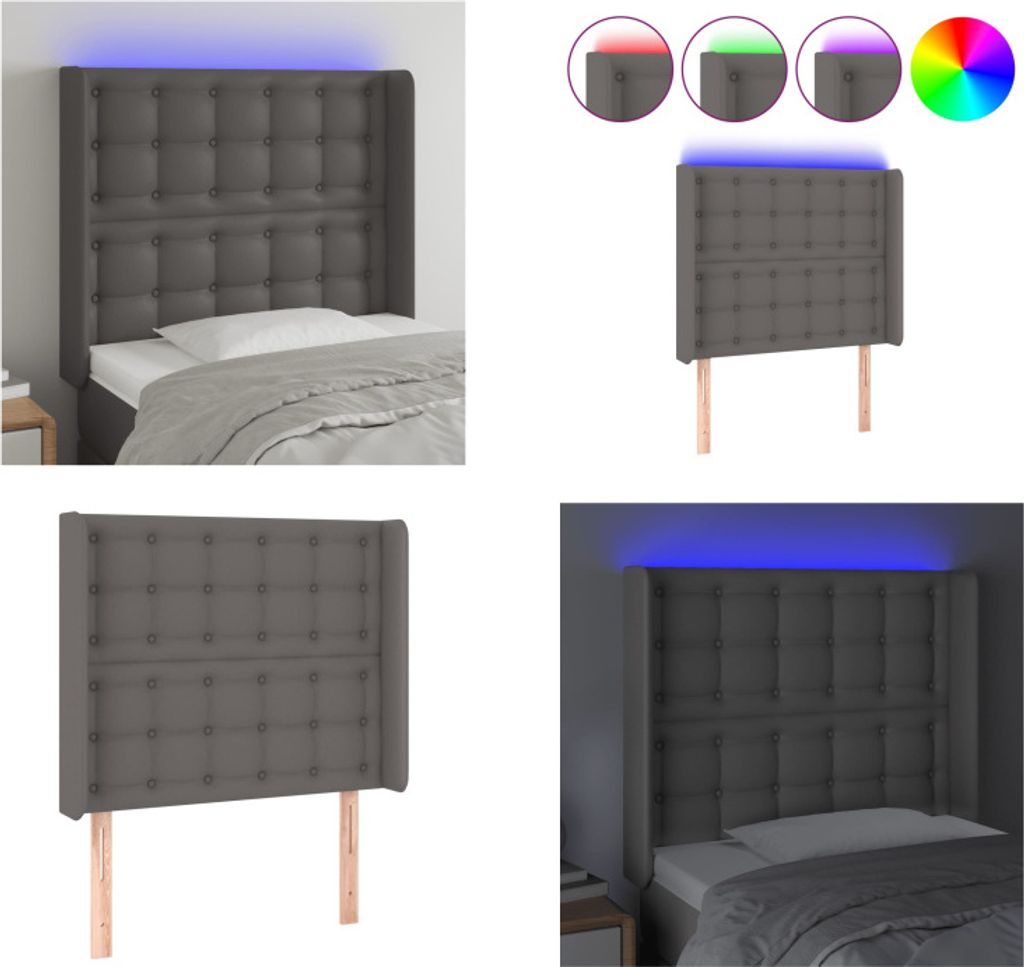 vidaXL LED Kopfteil Grau 93x16x118/128 cm Kunstleder - LED Kopfteil - LED Kopfteile - Kopfteil - Bett-Kopfteil
