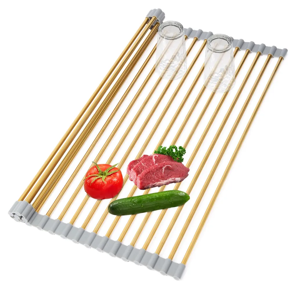 Grand porte-vaisselle doré de cuisine sur roulettes pour évier 48 cm