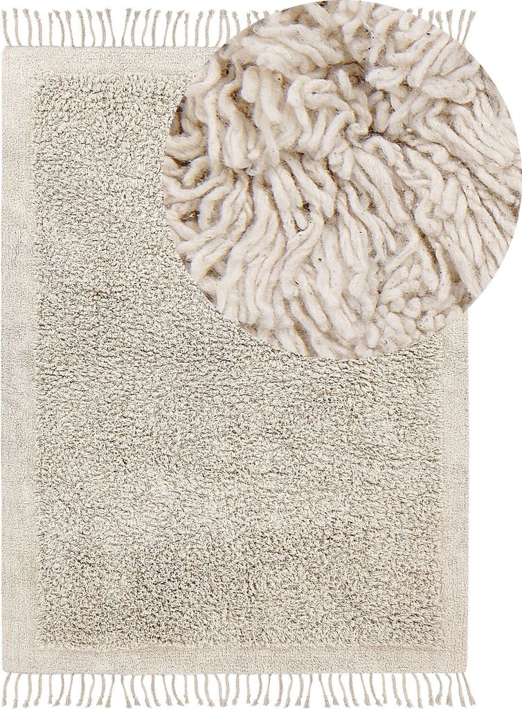 BELIANI Teppich Hellbeige Baumwolle Rechteckig 140 x 200 cm mit Fransen Getuftet Boho Langhaar Hochflor Shaggy Bettvorleger Läufer für Fußbodenh...