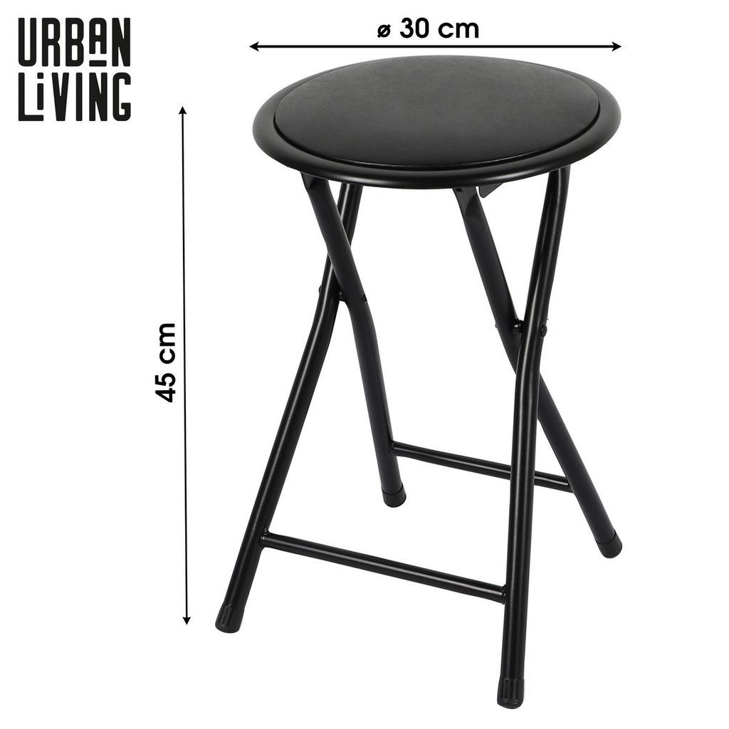 A black folding stool with dimensions indicated by text overlays.