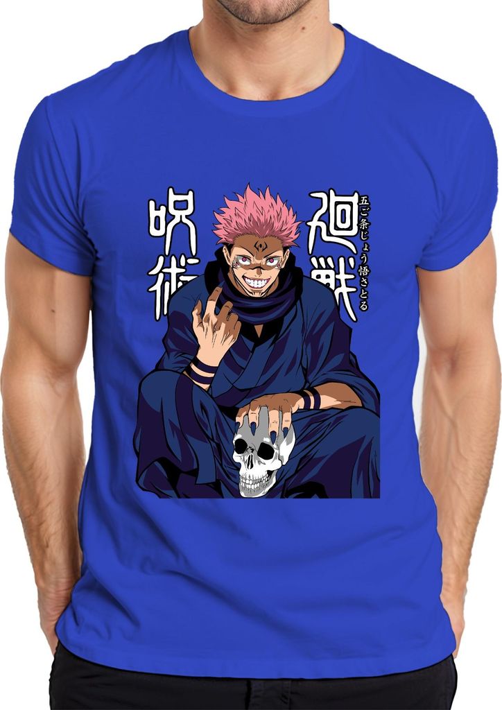 Sukuna Jujutsu Kaisen Dämon Totenkopf Anime gruselig düster Herren T-Shirt, Blau, XL