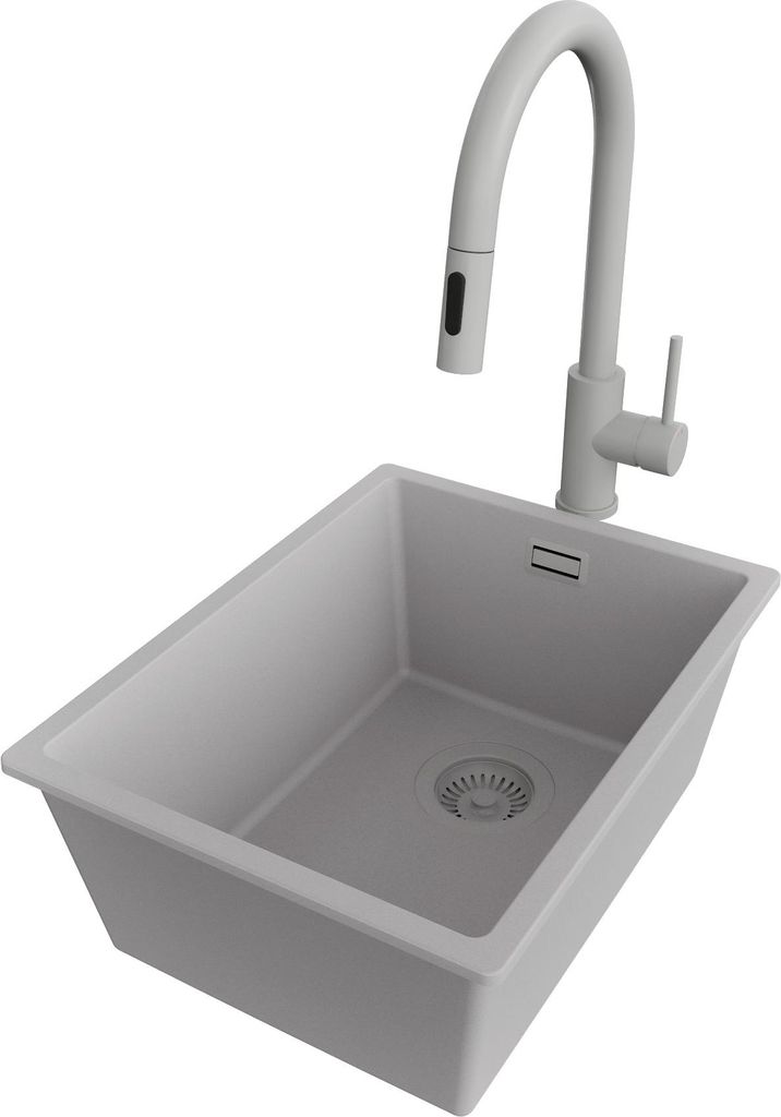PRIMAGRAN Granitspüle Grau 36x47cm, Spülbecken 1 Becken + Küchenarmatur 40x20cm + Ablauf-Set, Küchenspüle ab 40er Unterschrank - London Slim