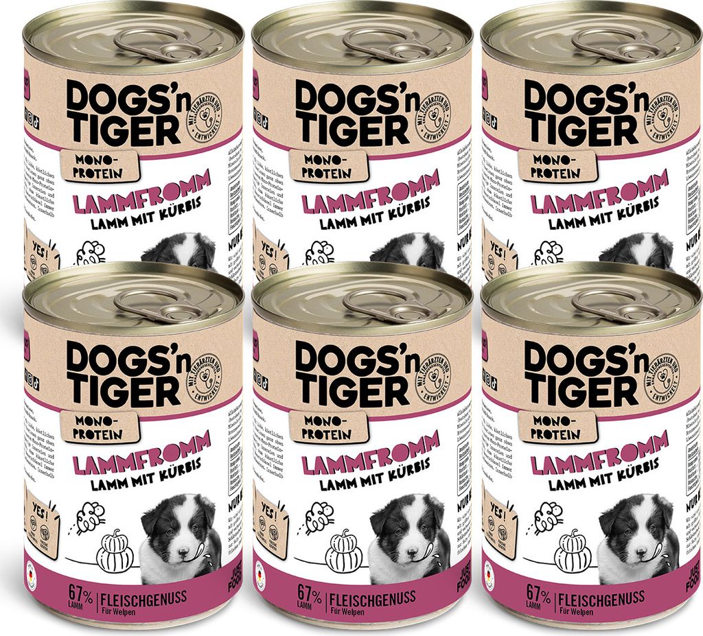 Dogs’n Tiger Junior, Hundefutter, Lammfromm, Hunde Nassfutter, Welpen Futter, Monoproteine, Lamm & Kürbis, 6x400g