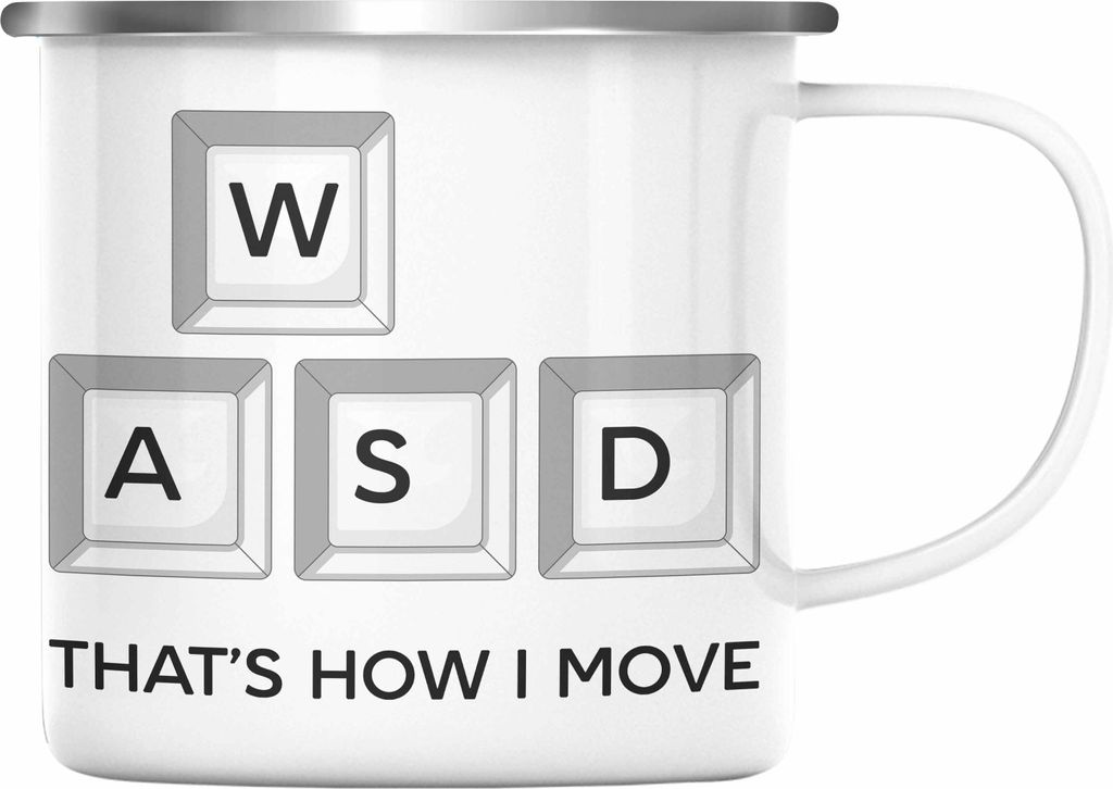 Trendation - Gamer Emaille Tasse WASD Geschenk Zocker Jungs Lustiges Dekokissen That's How I Move Gaming PC (Silber)