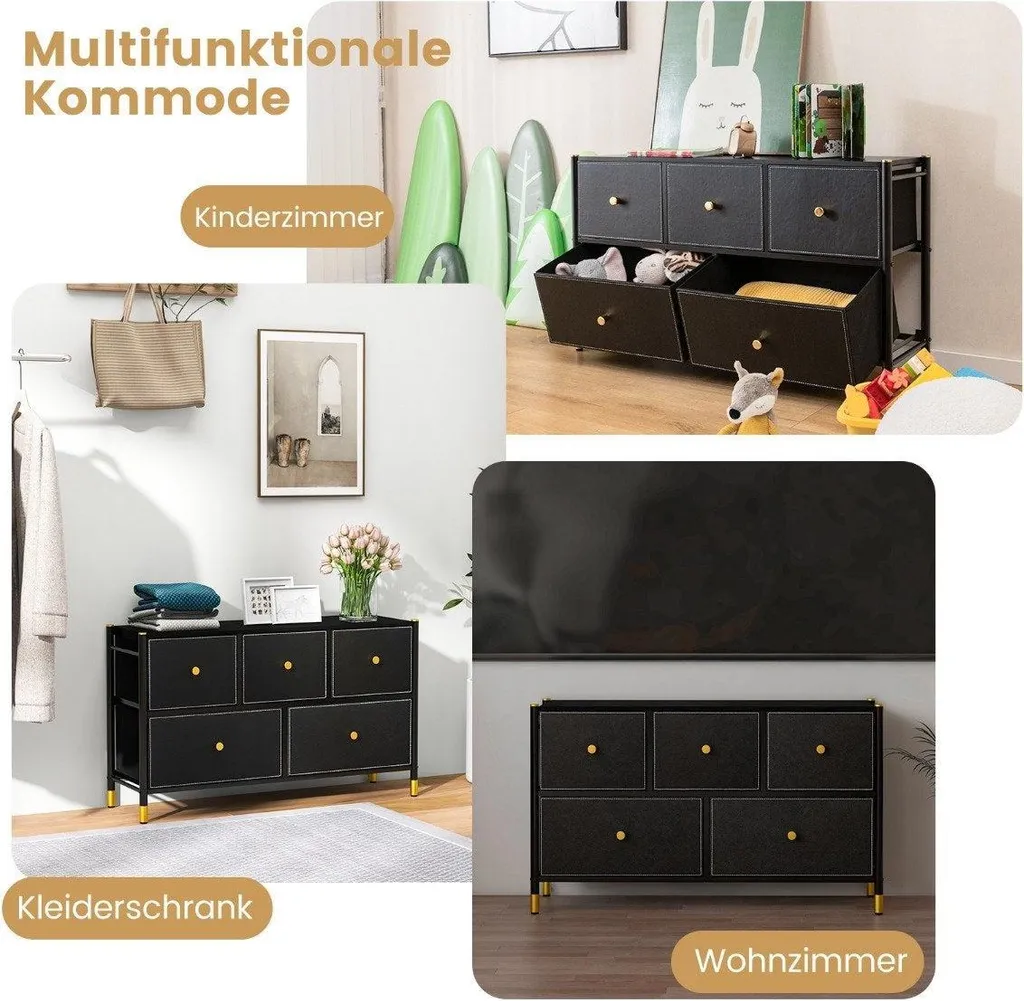 Large commode en tissu et métal avec 5 tiroirs de rangement noir mat