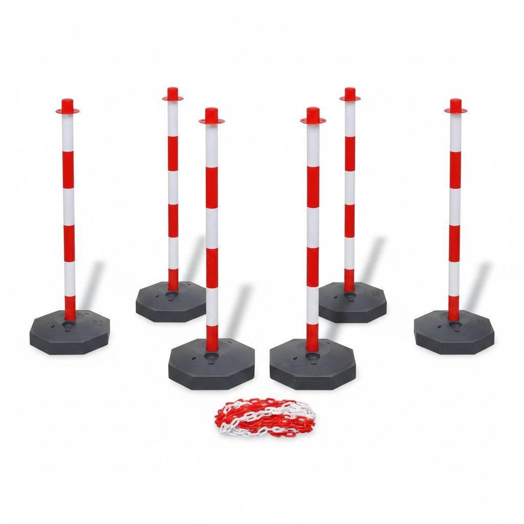 6 Stück Flexible Absperrpfosten mit 10 Meter Absperrkette Produktbild 