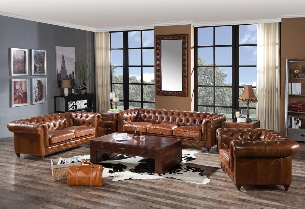 Design Club Lounge 4 Sitzer Sofa Ledersofa Dreisitzer Vintage Leder Chesterfield