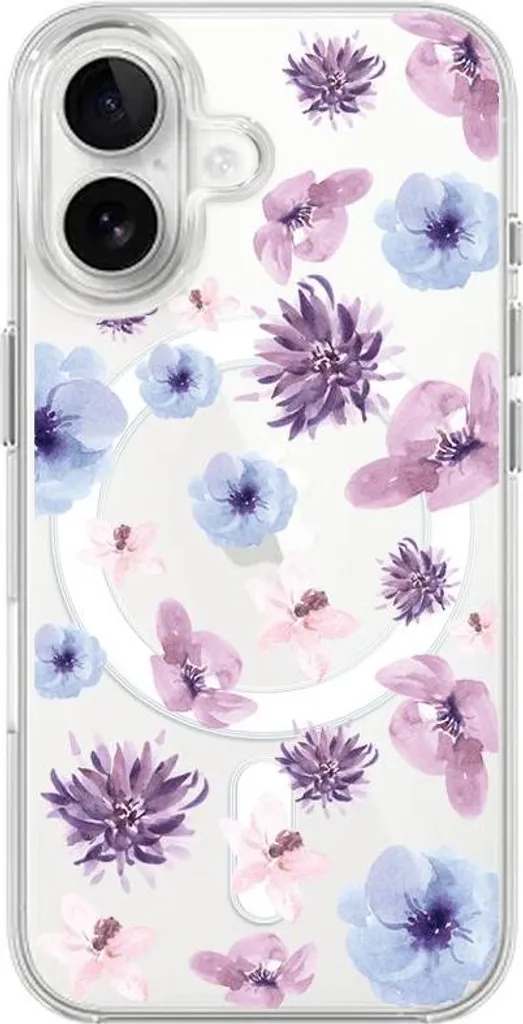 Cover iPhone 16 con Fiori Viola e MagSafe - Trasparente Blu Elegante