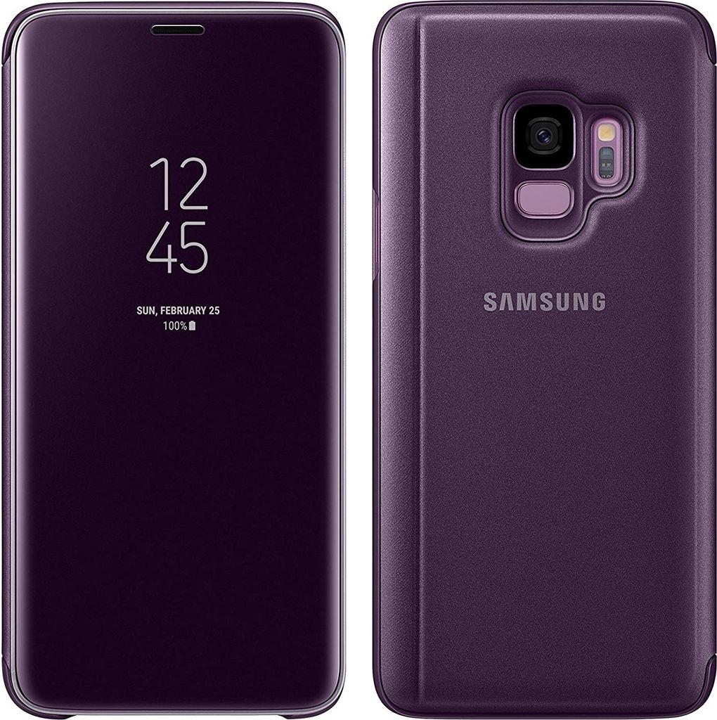 A split image showing the front and back of a purple Samsung Galaxy S9 phone case.