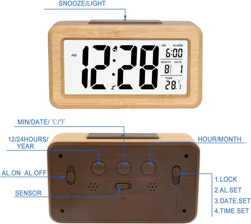 Wecker Holz Digital Bambus mit Nachtlicht & Temperatur