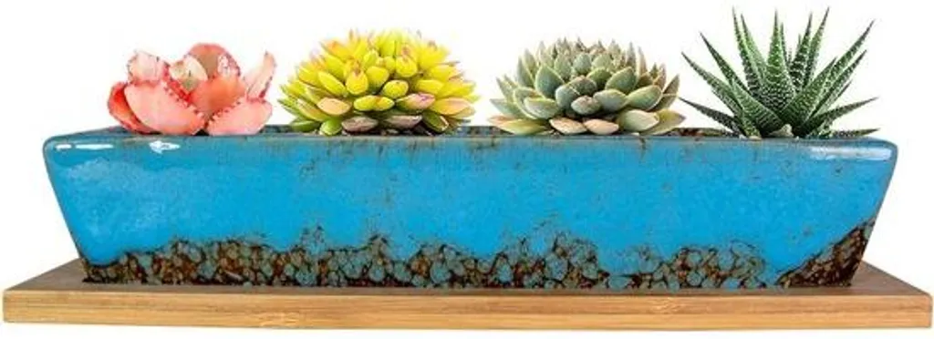 Pot rectangulaire avec drainage et soucoupe céramique bleue 25 cm