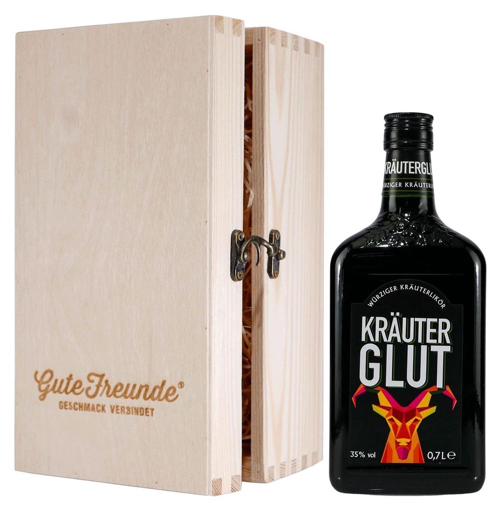 Kräuterglut Kräuterlikör mit Geschenk-Holzkiste Produktbild 