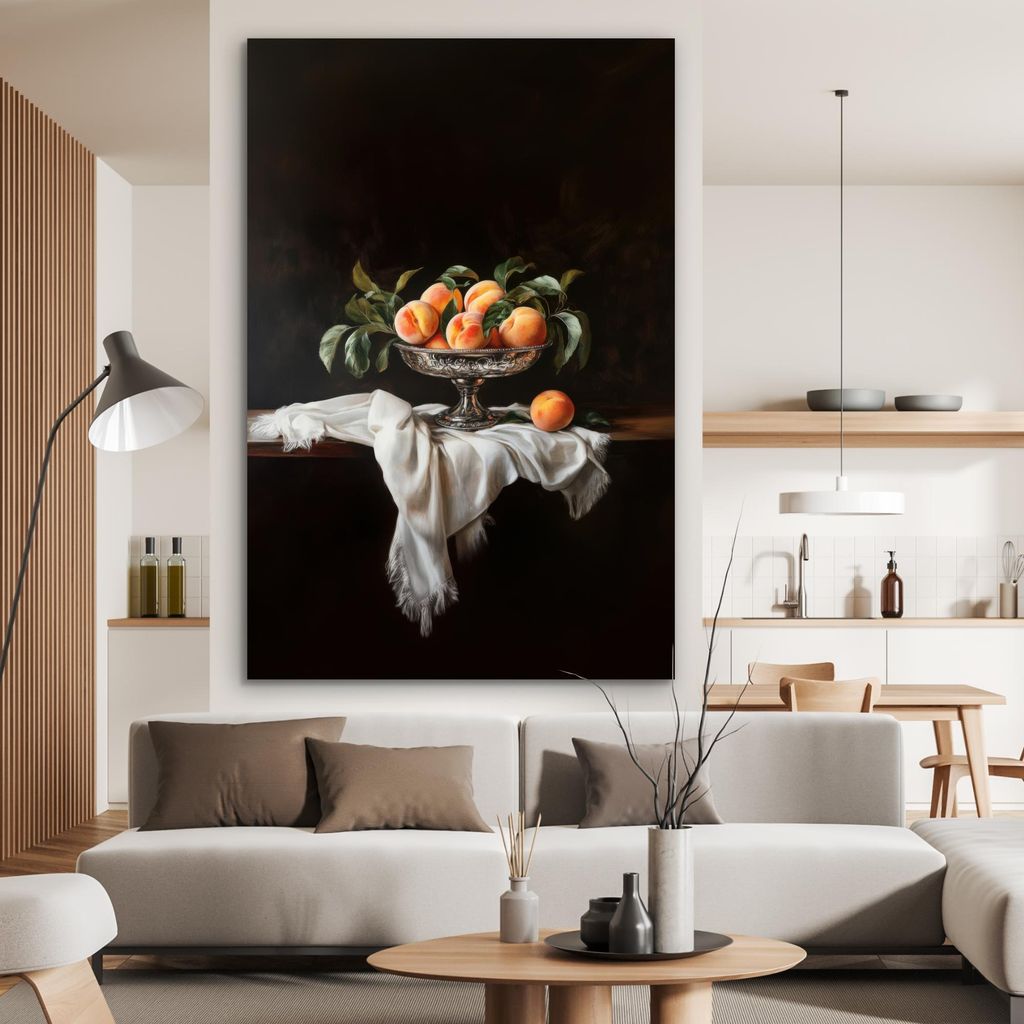 MuchoWow Wanddekoration Metall Metallbild Wandkunst 100x150 cm Stillleben - Pfirsiche - Vintage MuchoWow Aluminium Gemälde - Bild