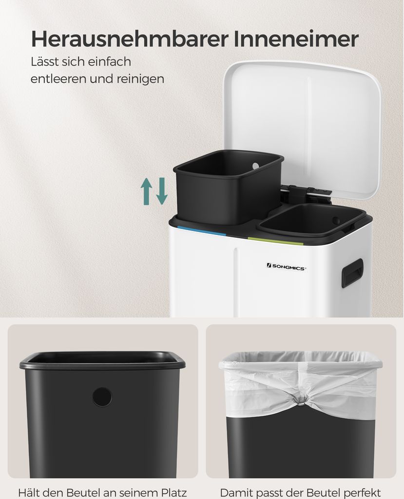 HOMCOM Tret-Abfalleimer Mit 2 Fächern à 20L - Edelstahl & PP, Geräuschloser Deckel | 45.8x36x51.6 Cm, Silber
