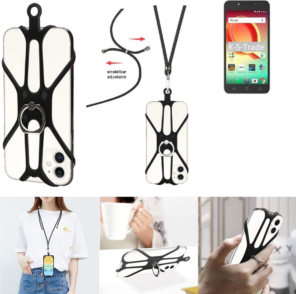 K-S-Trade 3in1 Handykette Handyband Handykordel Halsband Smartphone-Ring Handy-Ring kompatibel mit Alcatel A50 Fingerhalterung Handyring Tischständer