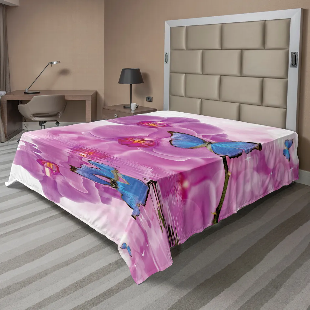 Drap plat anti-plis et doux 275x260 cm, motif floral papillon durable