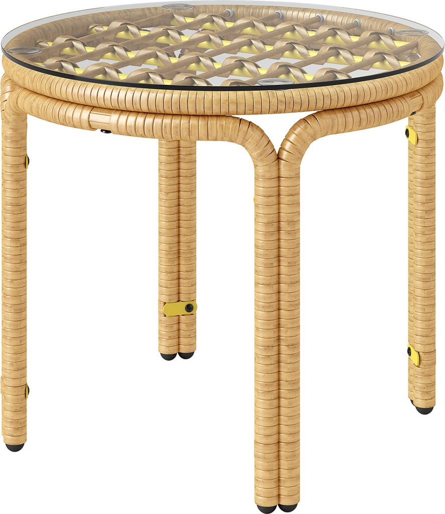 Beistelltisch aus Polyrattan runder Couchtisch mit Glas Tischplatte Nachttisch Ø50 cm Gelb