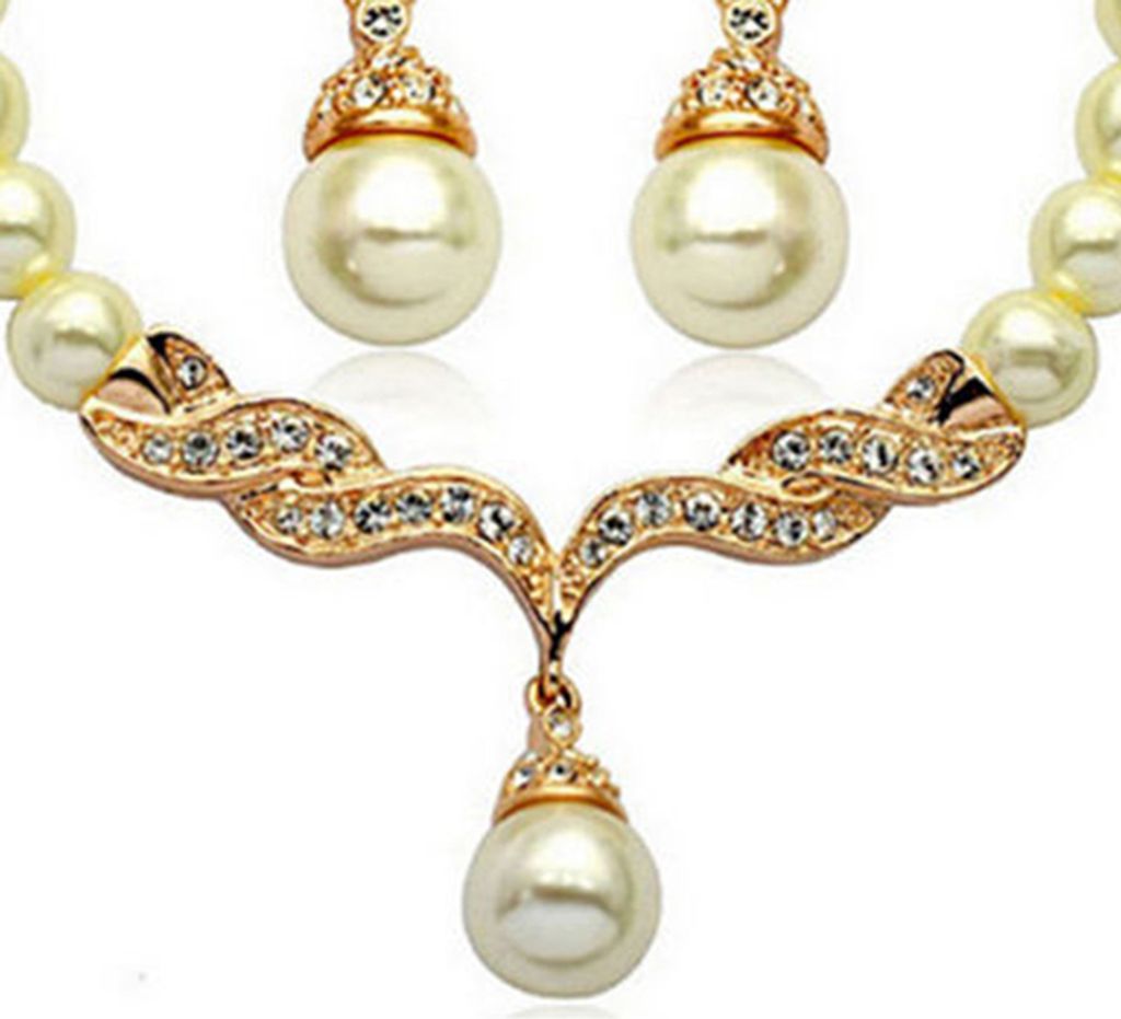 Braut Frauen Halskette Faux Perle Strass Charms Hochzeit Ohrringe Schmuck Set-Gold