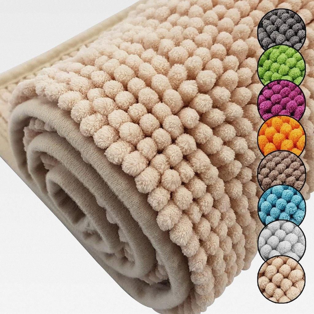 Badematte Chenille 70x120 cm Beige Rutschfester Hochflor Badteppich Wellness Badvorleger Saugfähig und Flauschig