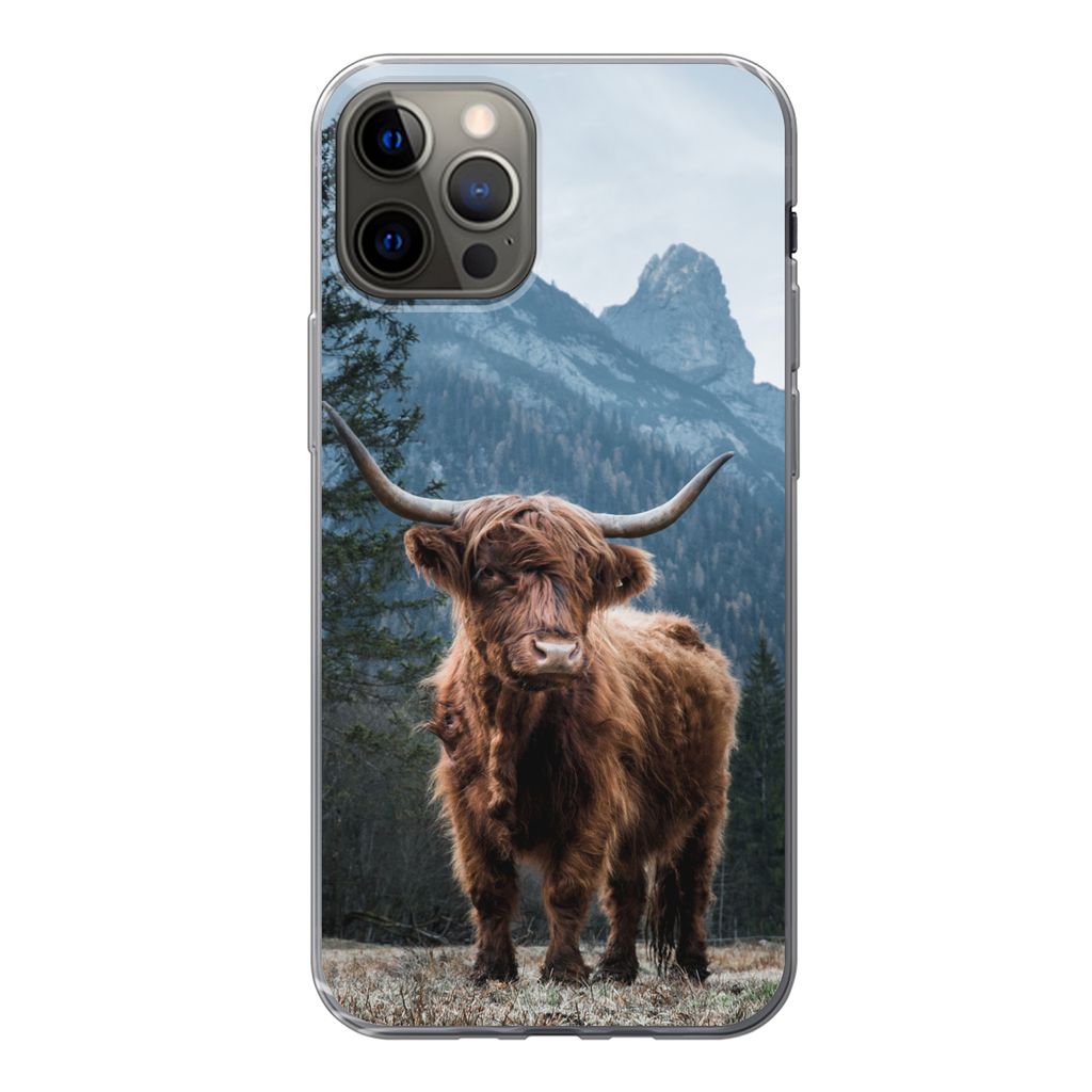 MuchoWow Handyhülle Schutzhülle Hülle für iPhone 12 Pro Schottische Highlander - Tiere - Landschaft Silikon Softcase Handy Hülle - Abdeckung