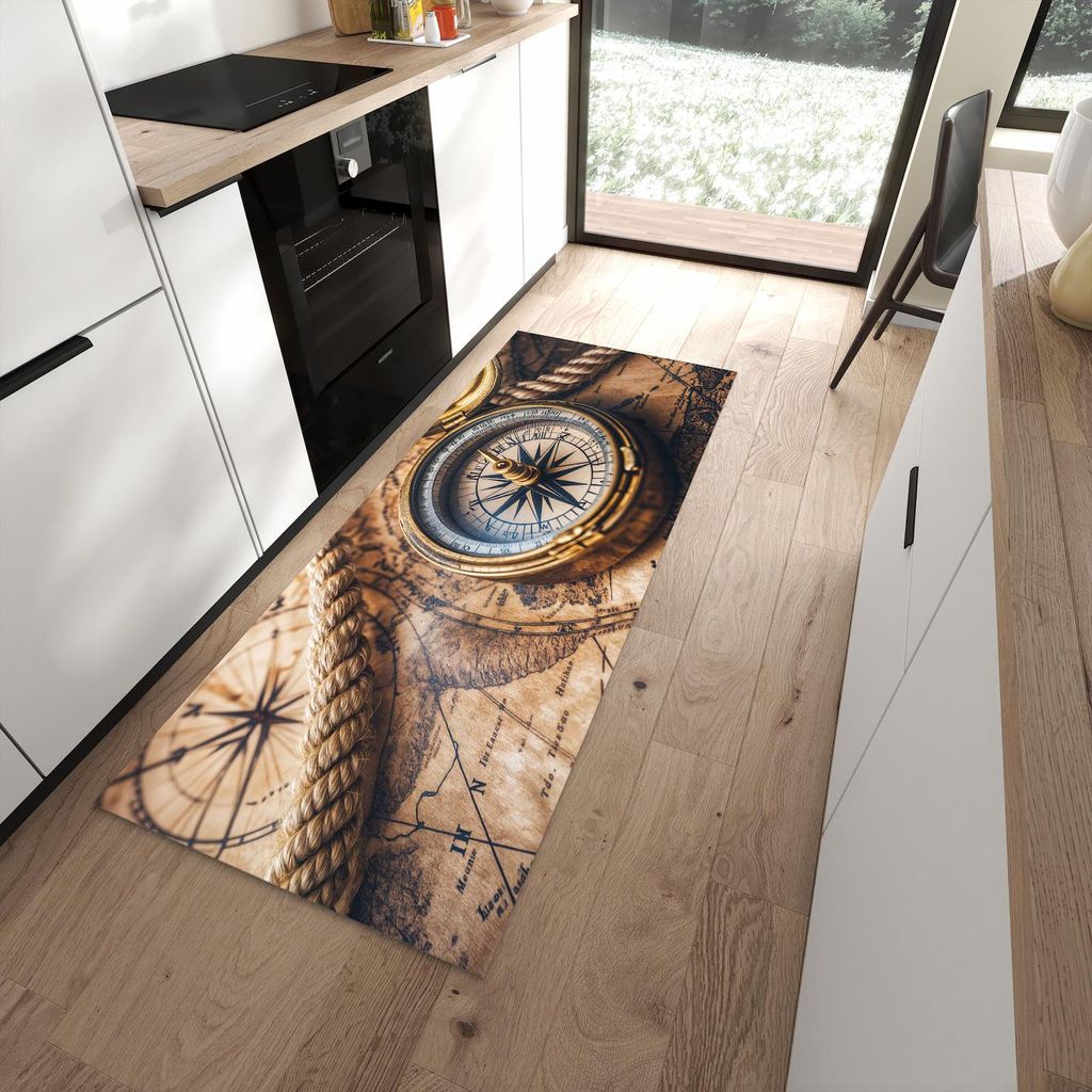 Küchenteppich 80x200cm rutschfest & abwischbar PVC Läufer - Kompass auf Karte