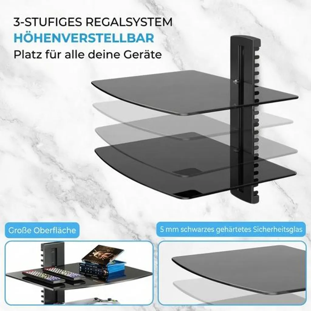 Support Mural TV avec Double Tablette en Verre Noir Réglable JustValue - 2