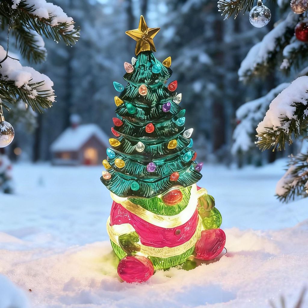 10 Zoll großer, beleuchteter Weihnachtsbaum aus Kunstharz mit Rentier-/Weihnachtsmann-Motiv und LED-Beleuchtung für Zuhause, Büro, Kaminsims ode...