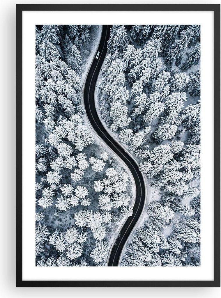 Gerahmtes Poster - Schwarzer Rahmen - Wald Winter Straße - 50x70 cm - Wand Bild - Wanddeko - Wandbilder - Kunstposter - Wandposter - Bilderrahmen ...