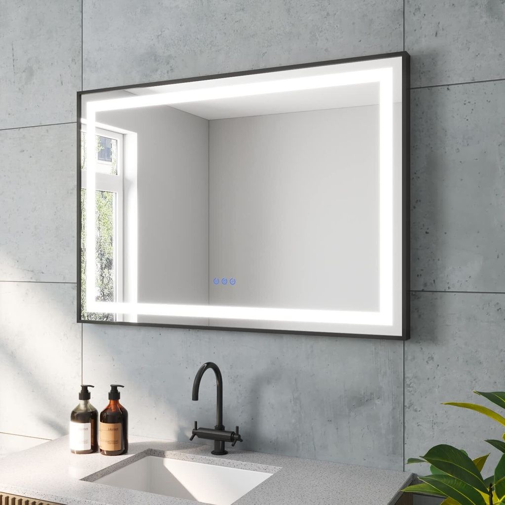 Badspiegel mit LED Beleuchtung Schwarz Rahmen 100x70cm SAUTENS Typ C | Touch Sensor Dimmbar Spiegelheizung Kaltweiß 6400K Neutralweiß 4500K Warmw...