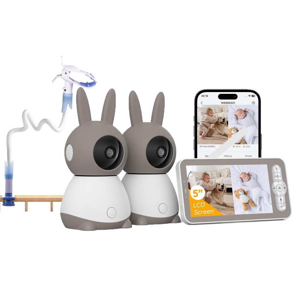 Babyphone mit 2 Kameras und APP 2K/5,0 Zoll WLAN Babyfon mit Split-Screen PTZ 360° 4× Zoom IR-Nachtsicht Automatische Verfolgung mit Halterung
