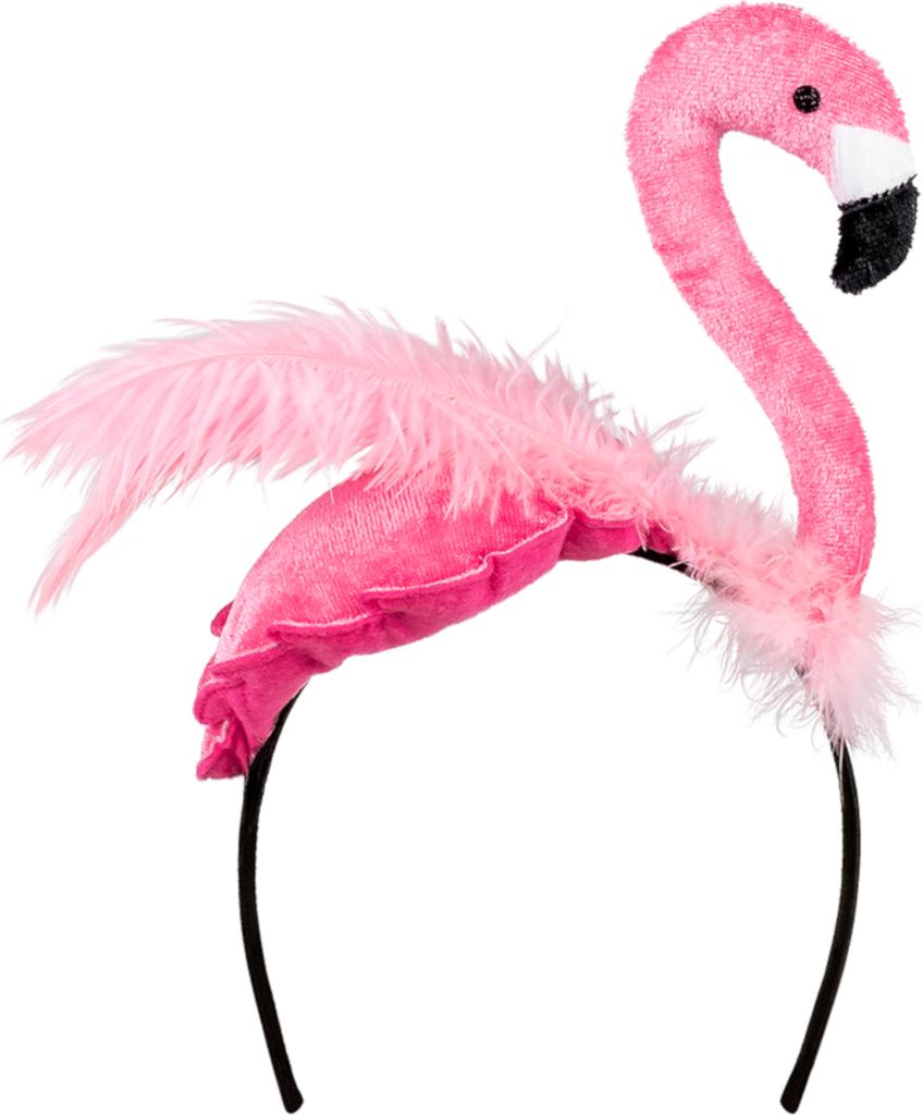 A pink flamingo headband on a white background.