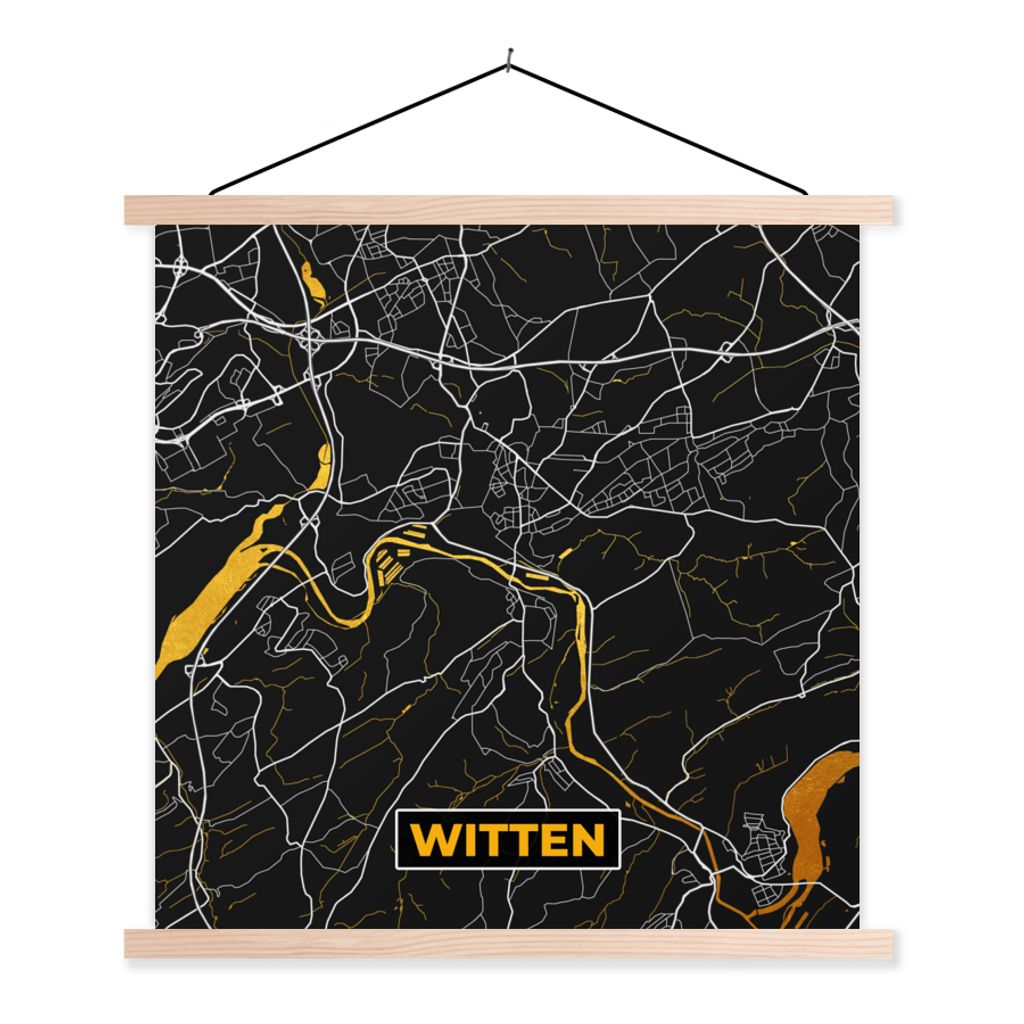 MuchoWow Textilposter Witten - Gold - Stadtplan - Karte - Deutschland 40x40 cm mit holzfarbenen Rahmen - Posterleiste