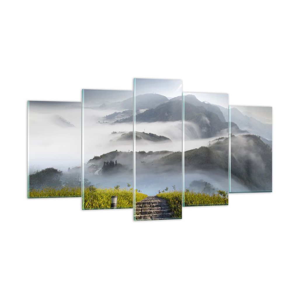 Bilder auf glas - Berg Nebel Landschaft Morgen - 160x85cm - Glasbilder - Wandbilder - Kunstdruck - zum Aufhängen bereit - Wanddekoration aus Glas ...