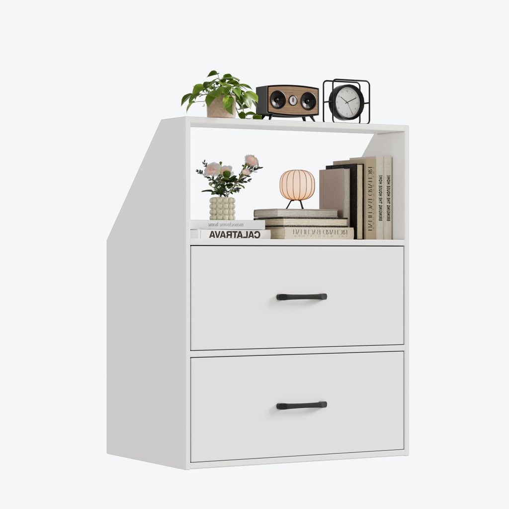 TWSOUL Regal Dachschrägenregal,Dachschrägenschrank mit 2 Schubladen & offenem Fach Weiß – Platzsparender Schrägschrank für Dachzimmer