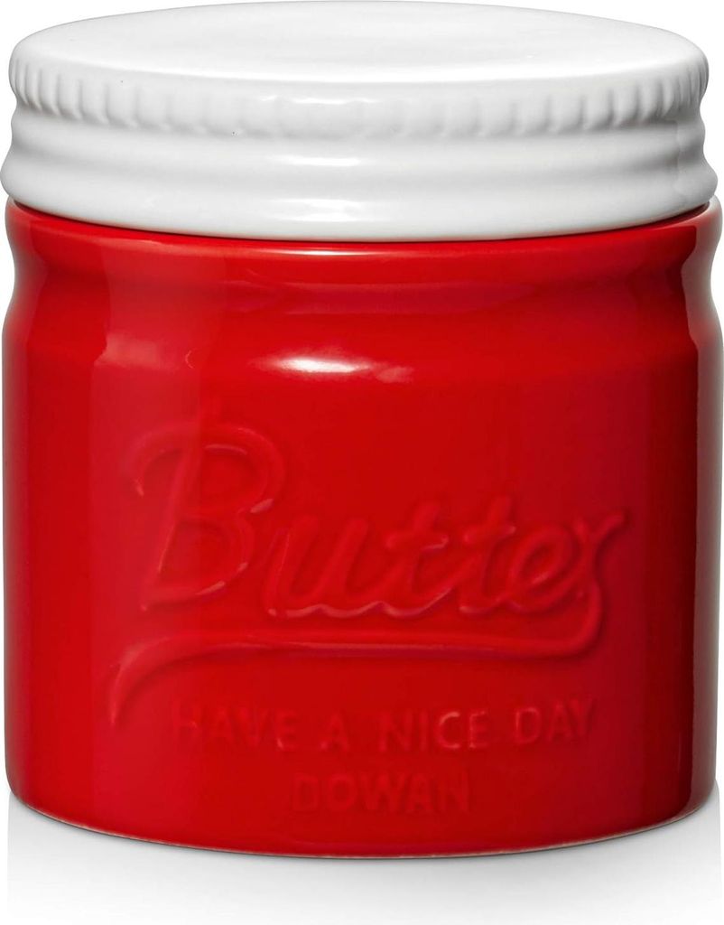 Butterdose mit Deckel - keramische Butterkugel - hält Butter frisch, weich und streichfähig - Wasserlinie - rot.